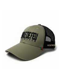 Casquette Boule de Feu Lifestyle couleur coyote avec broderie 3D noire, casquette trucker respirante avec filet arrière