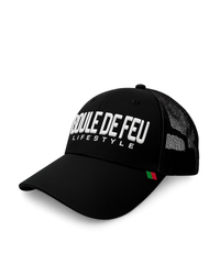 Casquette Boule de Feu Lifestyle couleur noire avec broderie 3D blanche, casquette trucker respirante avec filet arrière