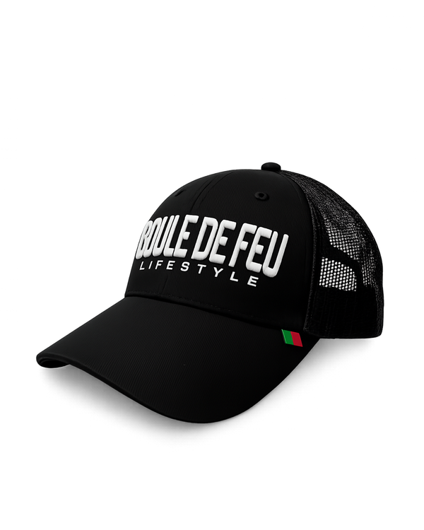 Casquette Boule de Feu Lifestyle couleur noire avec broderie 3D blanche, casquette trucker respirante avec filet arrière