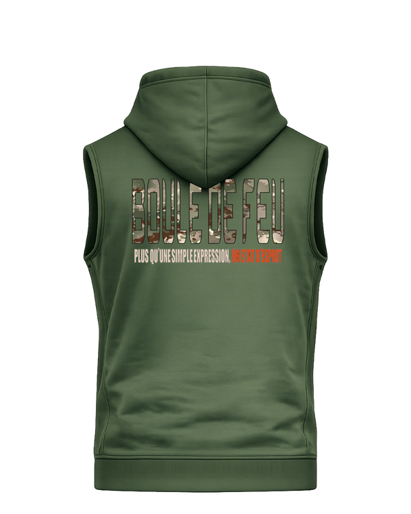sweat capuche sans manches Boule de Feu STRIKE kaki vue arrière tenue sport