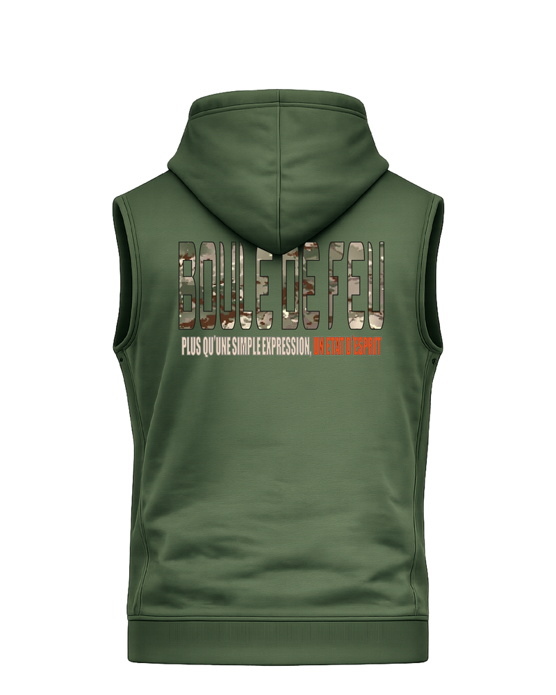sweat capuche sans manches Boule de Feu STRIKE kaki vue arrière tenue sport