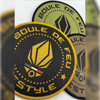 Trois patchs velcro Boule de Feu Lifestyle diamètre 10 cm couleurs noir or, marron et vert kaki